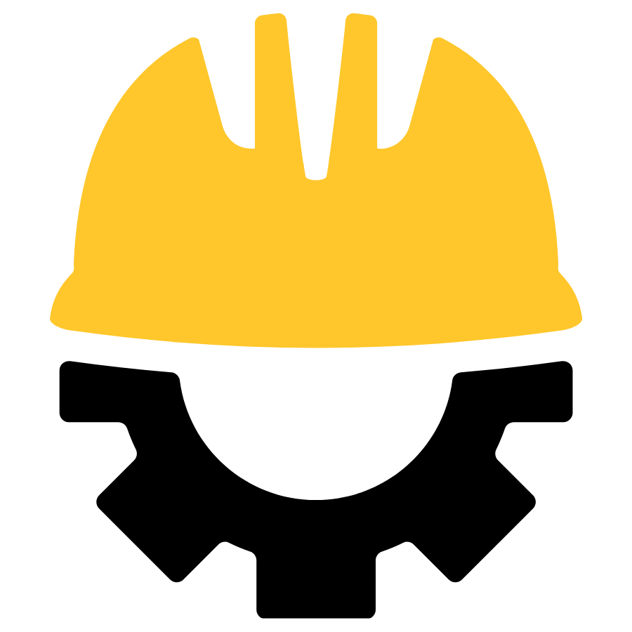 Black and gold graphic of a gear and hard hat