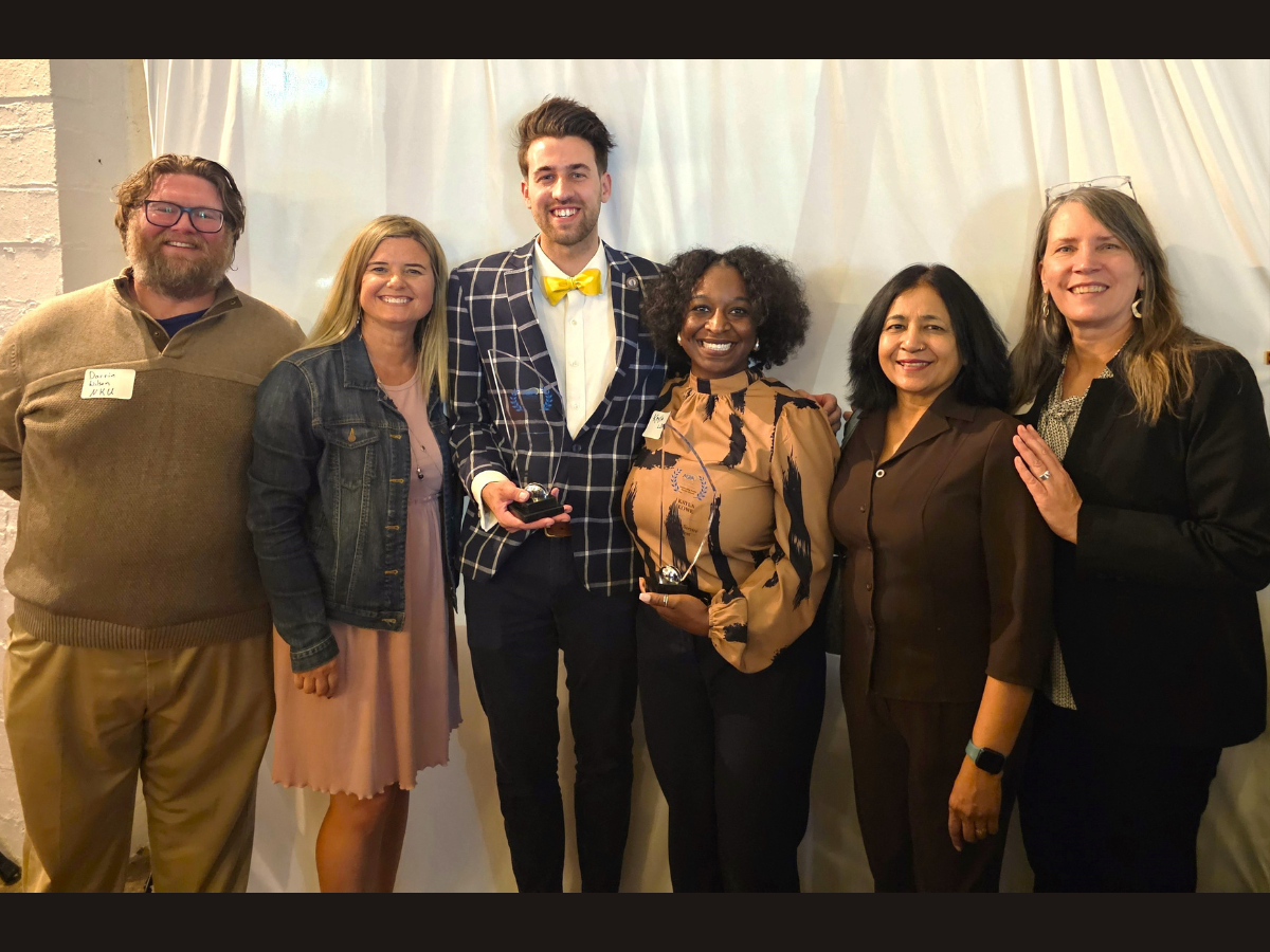 Untitled design - 1 Darrin Wilson, Missy Gish, Sam Shelton, Kayla Lowe, Shamima Ahmed and Julie Olberding posing with awards